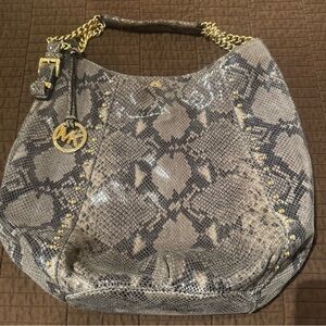 Michael Kors Gray Snake-Print Hobo Bag with Gold Chain Detail